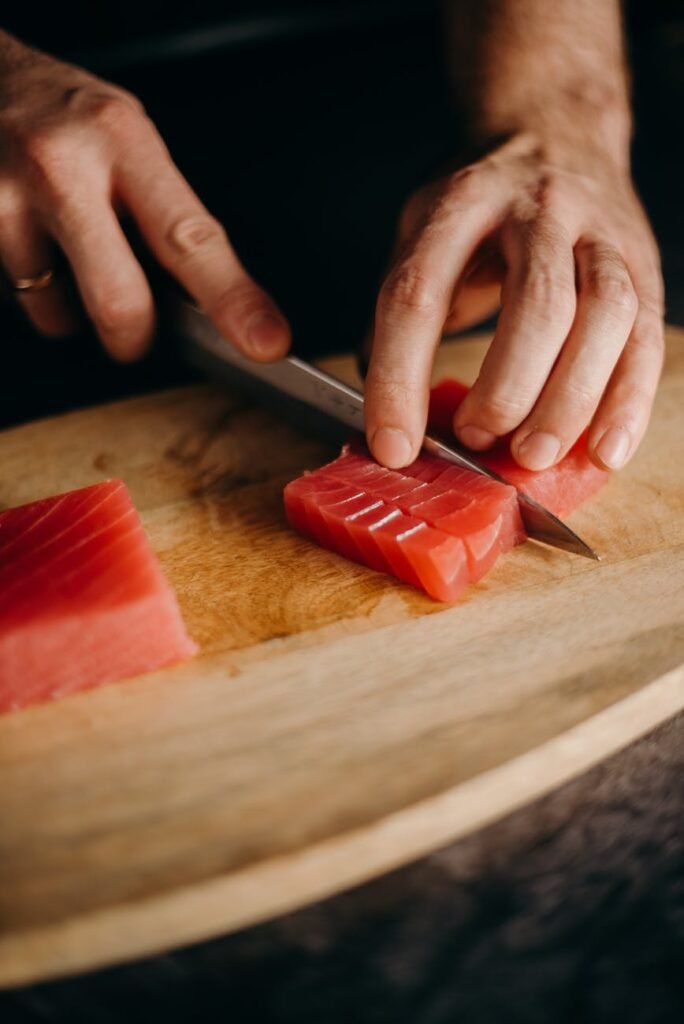 close up photo of slicing of tuna