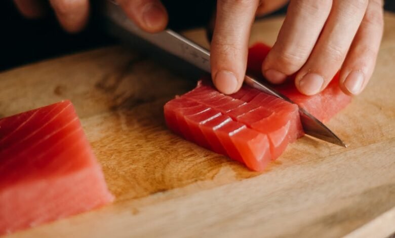 close up photo of slicing of tuna