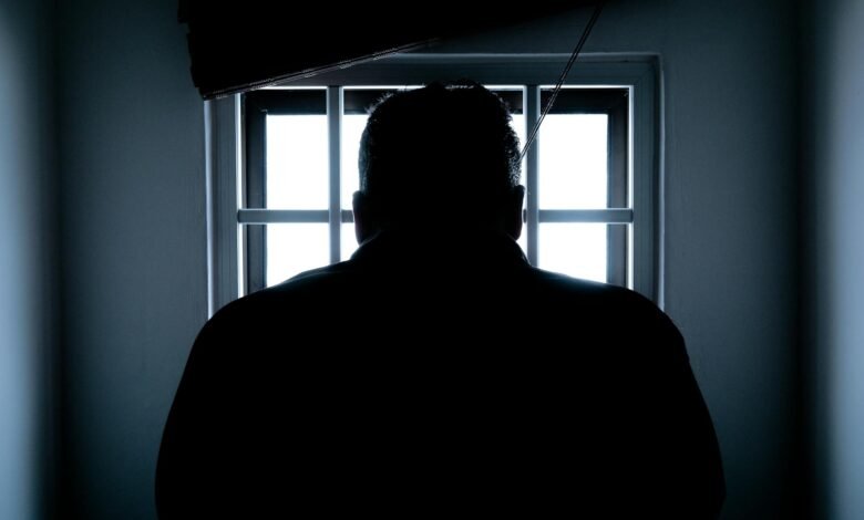 rear view of a silhouette man in window