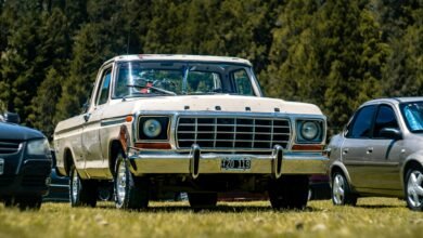 old ford pickup truck in a grassy parking lot