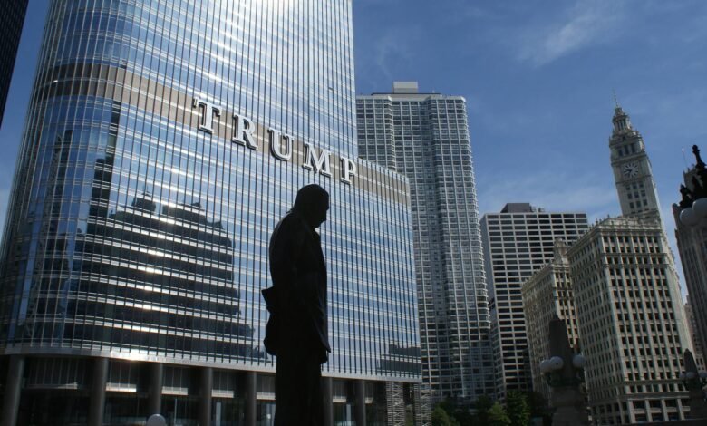 silhouette of statue near trump building at daytime