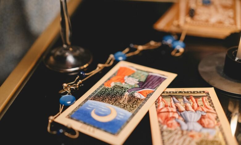 close up of tarot cards on a table