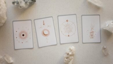 top view of tarot cards and crystals